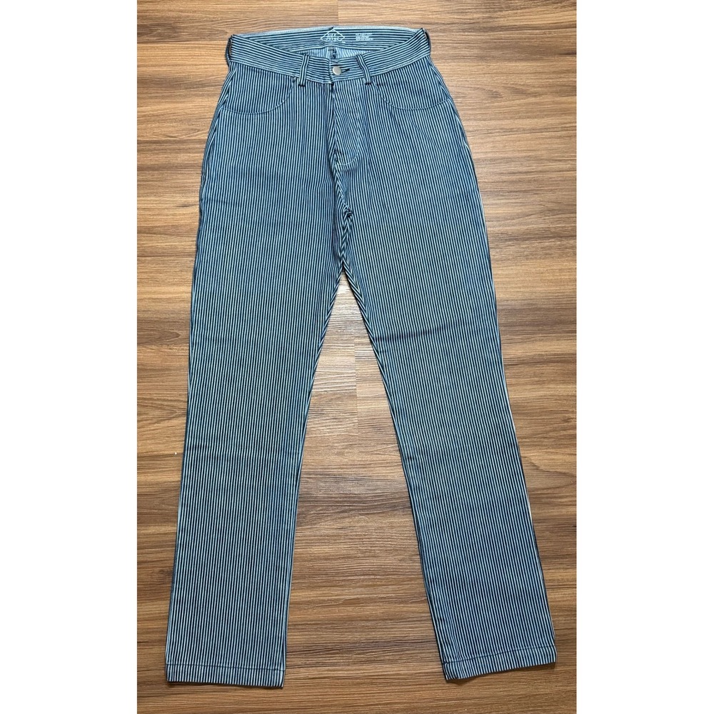 Alex Crane Hickory Stripe Button Fly Work Pants Blue White Denim Men's Sz 28x31